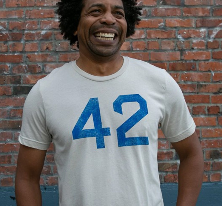 Jackie Robinson Brooklyn Blue t-shirt with White Robinson 42 lettering on the back